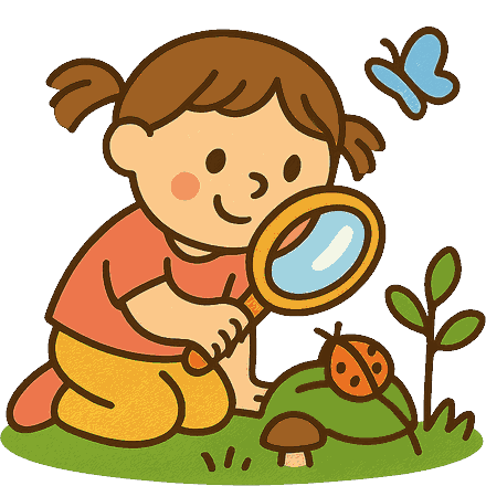 Une petite fille qui observe une coccinelle à la loupe dans l'herbe