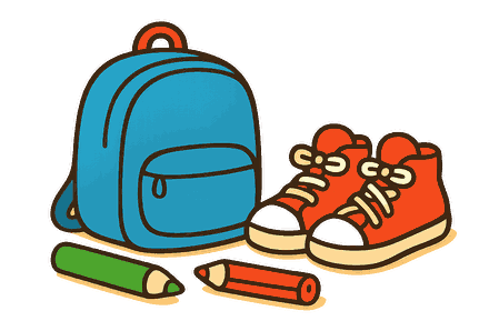 Cartable neuf posé à côté d'une paire de baskets et de deux crayons de couleur
