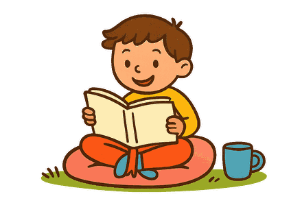 Un enfant assis en tailleur sur un coussin, plongé dans la lecture d'un livre ouvert.