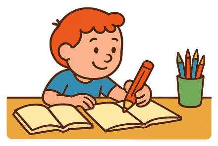 Un enfant écrit ses réponses dans son cahier, un livre ouvert posé à côté de lui.