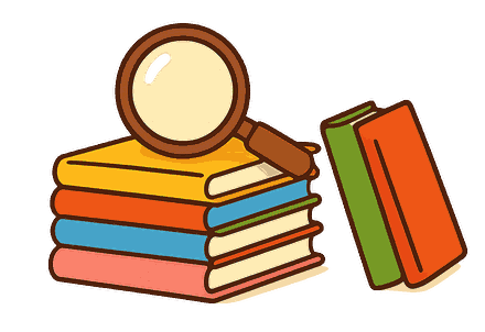 Une pile de livres aux couleurs vives surmontée d'une loupe.