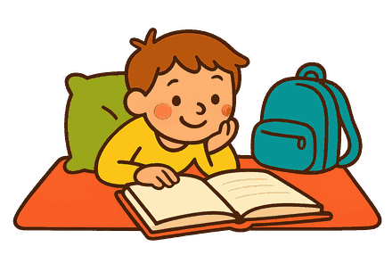 Un enfant allongé sur un tapis, la tête dans les mains, qui lit un grand livre