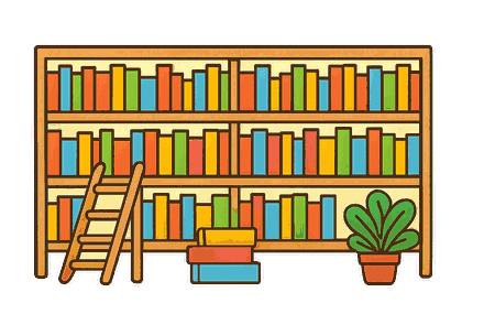 Une bibliothèque aux étagères remplies de livres colorés, avec une échelle appuyée contre les rayons