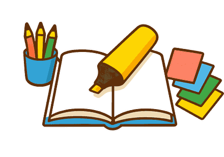 Un livre ouvert, un surligneur et des fiches de révision colorées posés sur un bureau