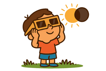 Un enfant lève la tête vers le ciel, ses lunettes de protection sur les yeux, pendant une éclipse de Soleil