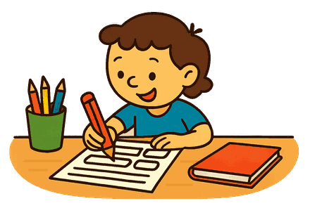 Un enfant assis à une table qui remplit une fiche d'exercices au crayon