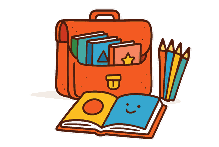 Un cartable ouvert d'où dépassent des livres et des crayons de couleur