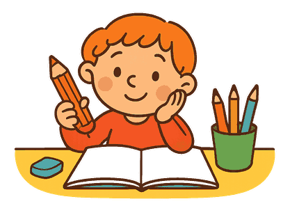 Un enfant de CE2 réfléchit devant son cahier, un crayon à la main