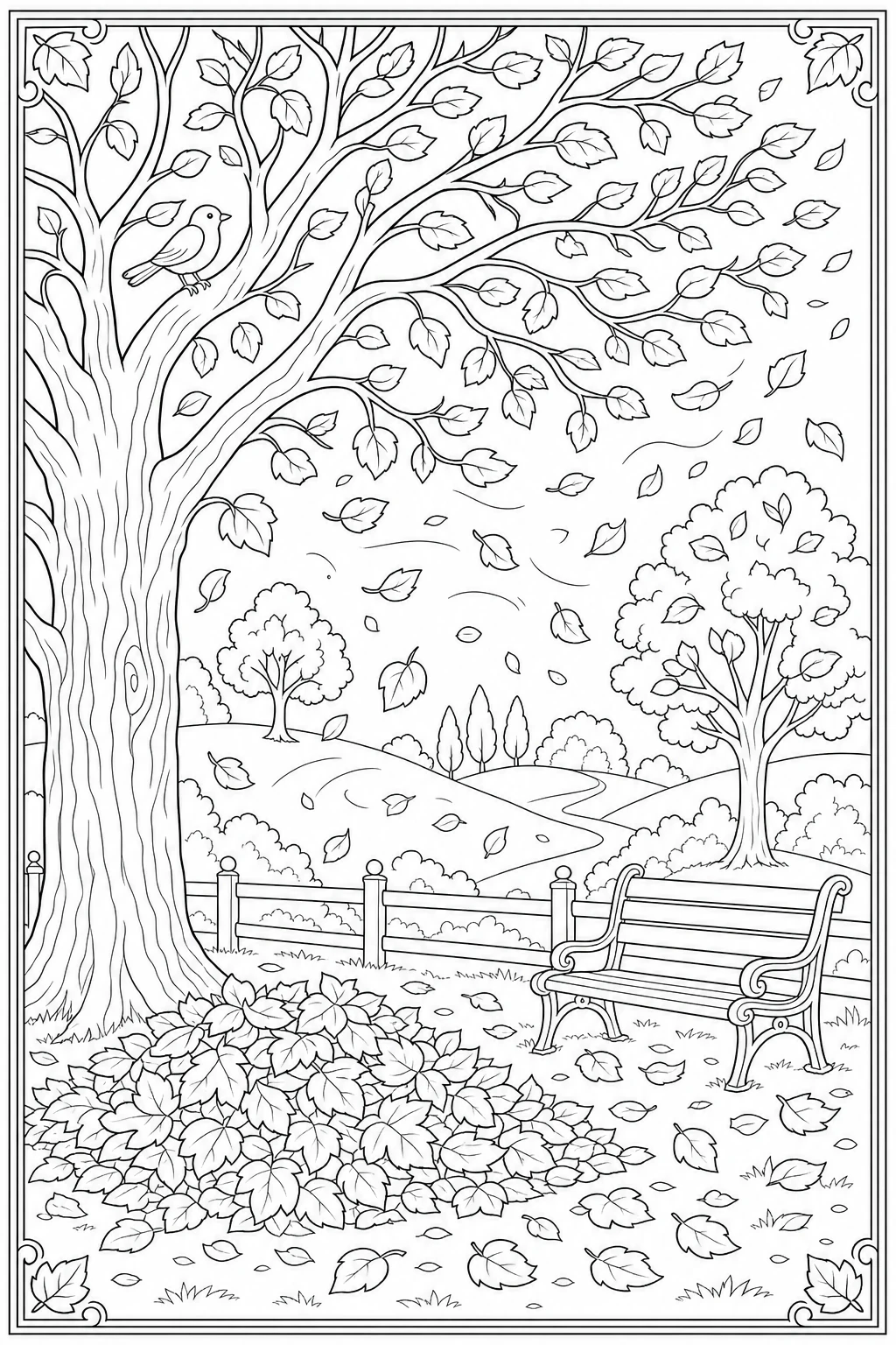 Coloriage arbre d'automne perdant ses feuilles dans un parc à imprimer
