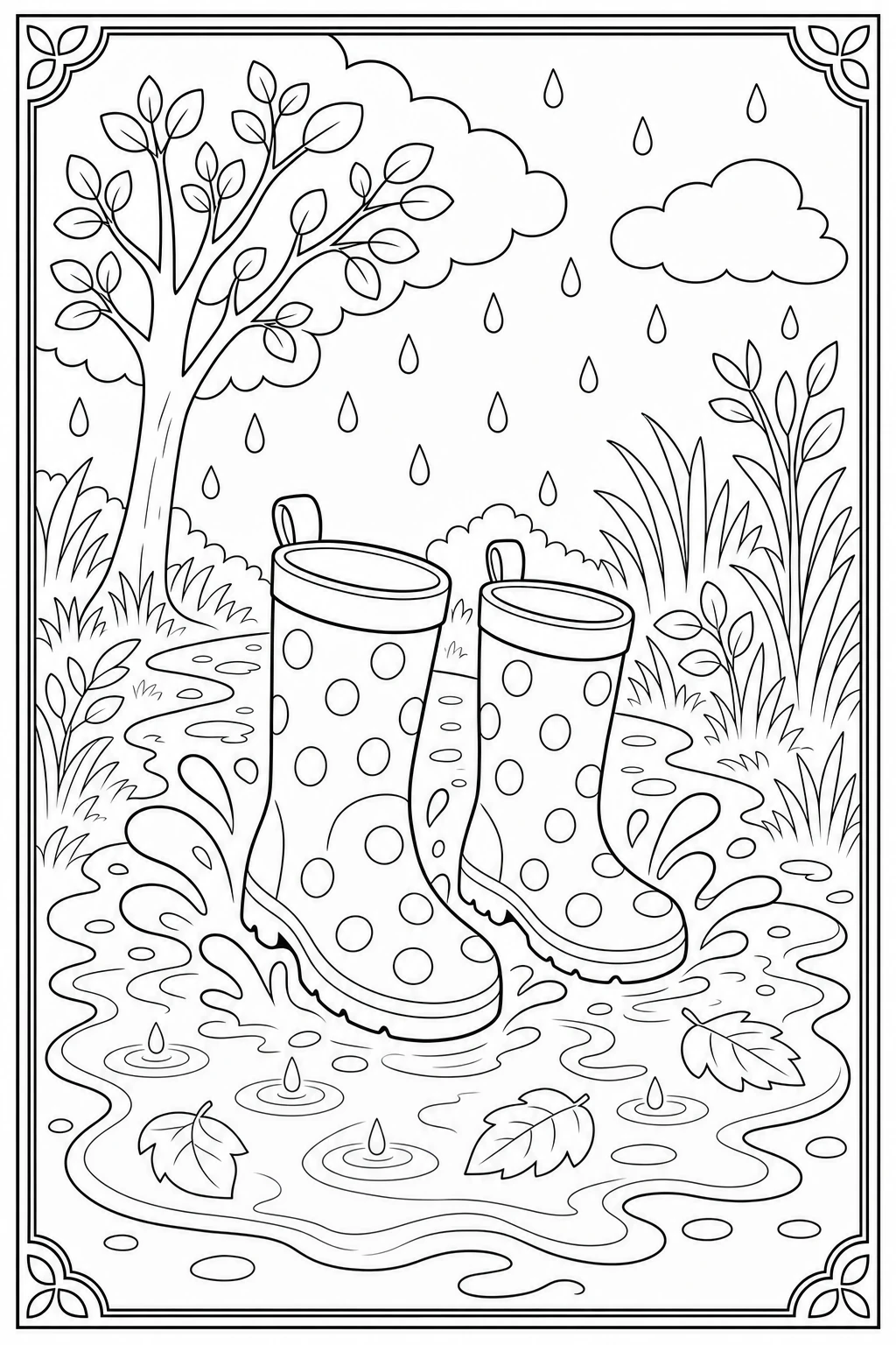 Coloriage bottes de pluie dans une flaque d'automne à imprimer pour la petite section