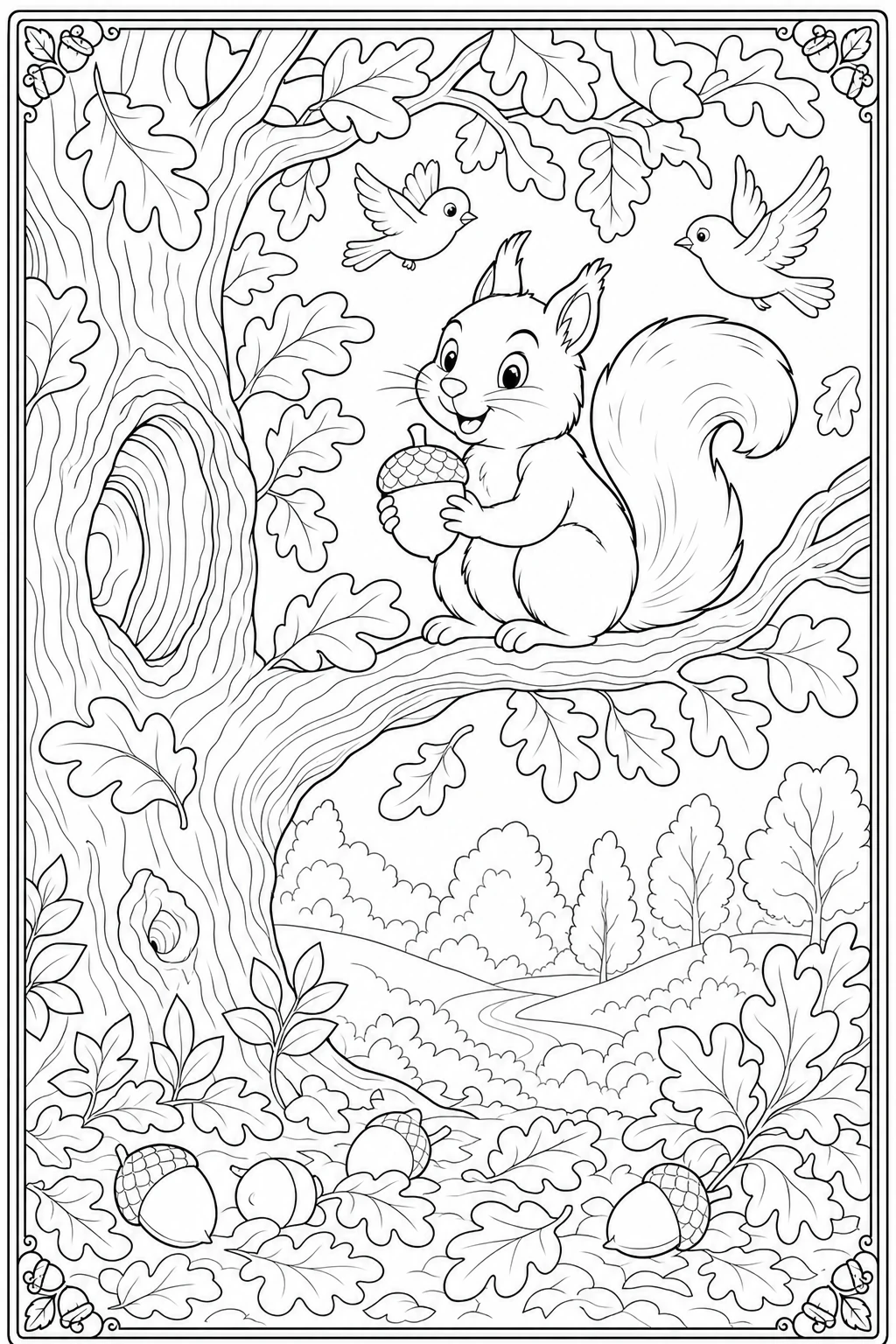 Coloriage écureuil avec un gland sur sa branche à imprimer