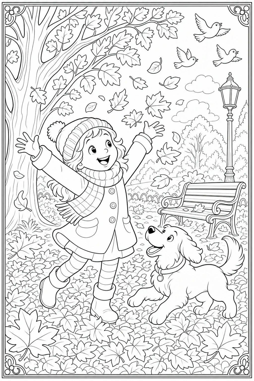 Coloriage enfant qui joue dans les feuilles d'automne à imprimer pour le CP