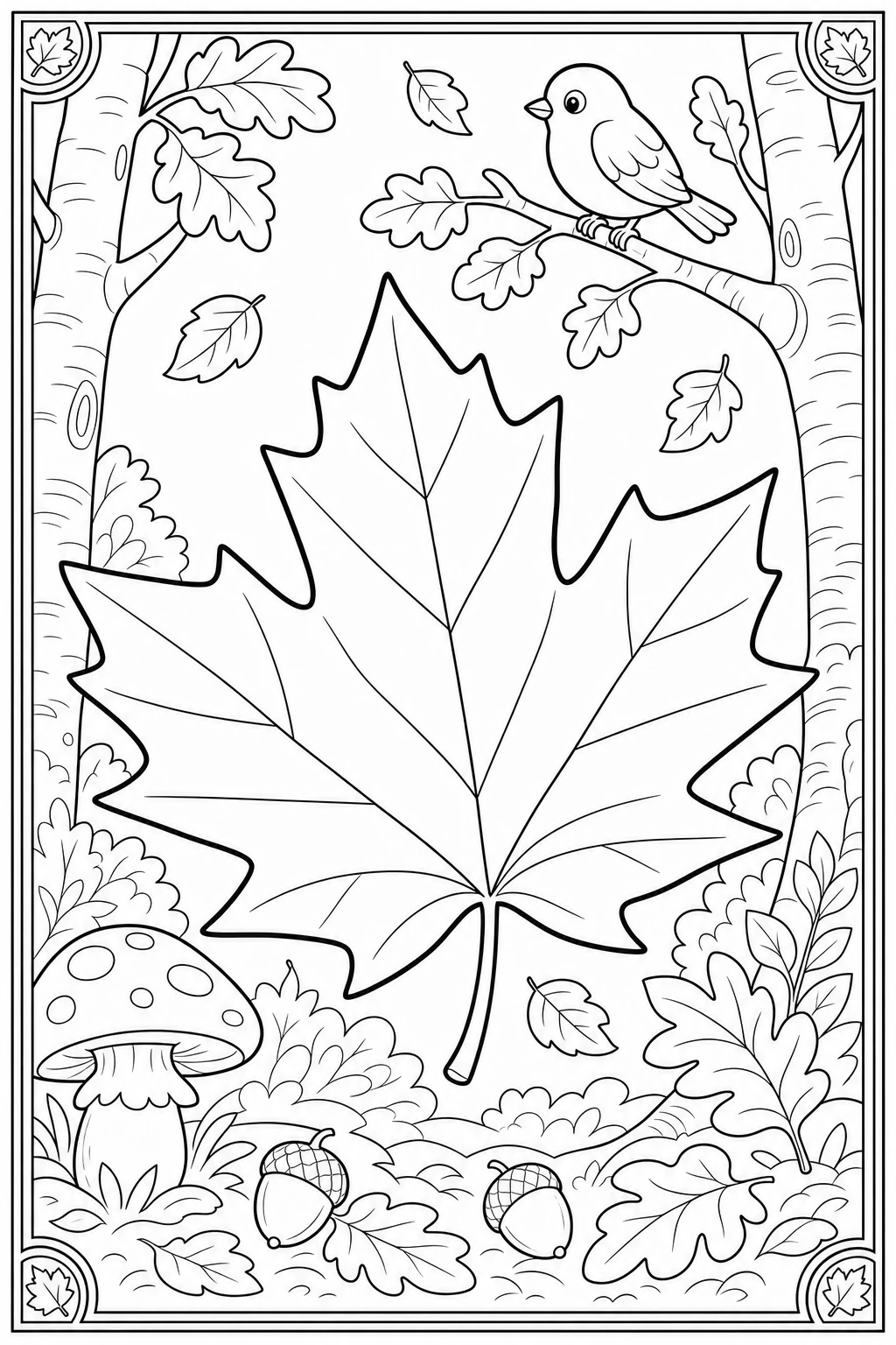 Coloriage grande feuille d'érable d'automne dans le sous-bois à imprimer