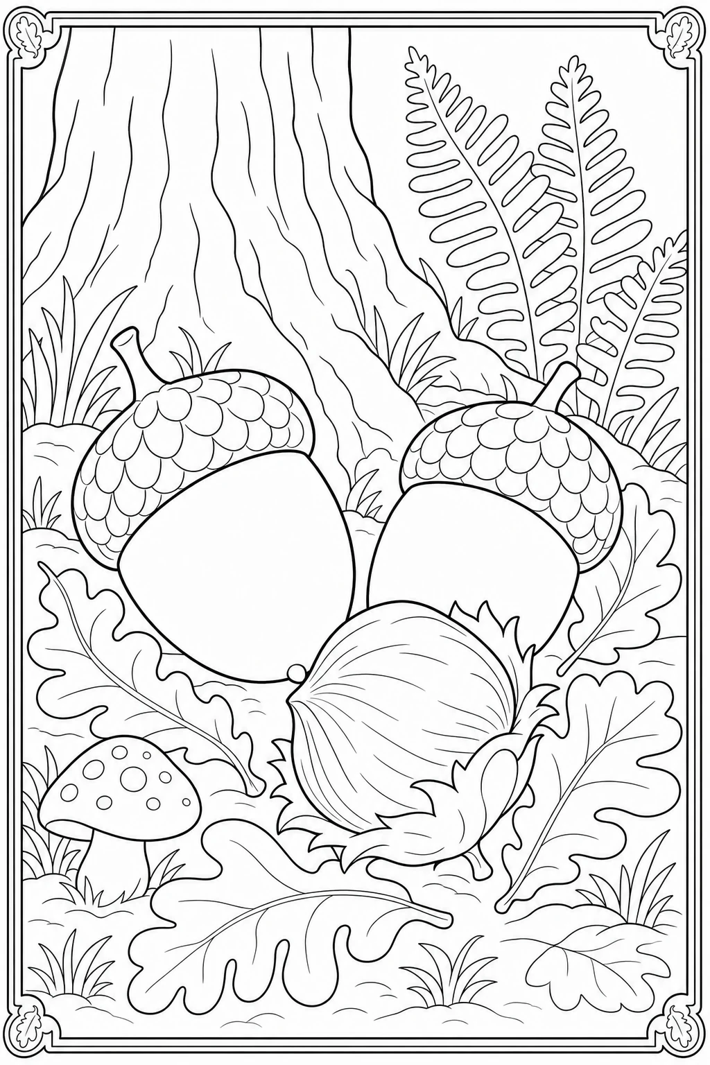 Coloriage glands et noisette sur les feuilles mortes à imprimer
