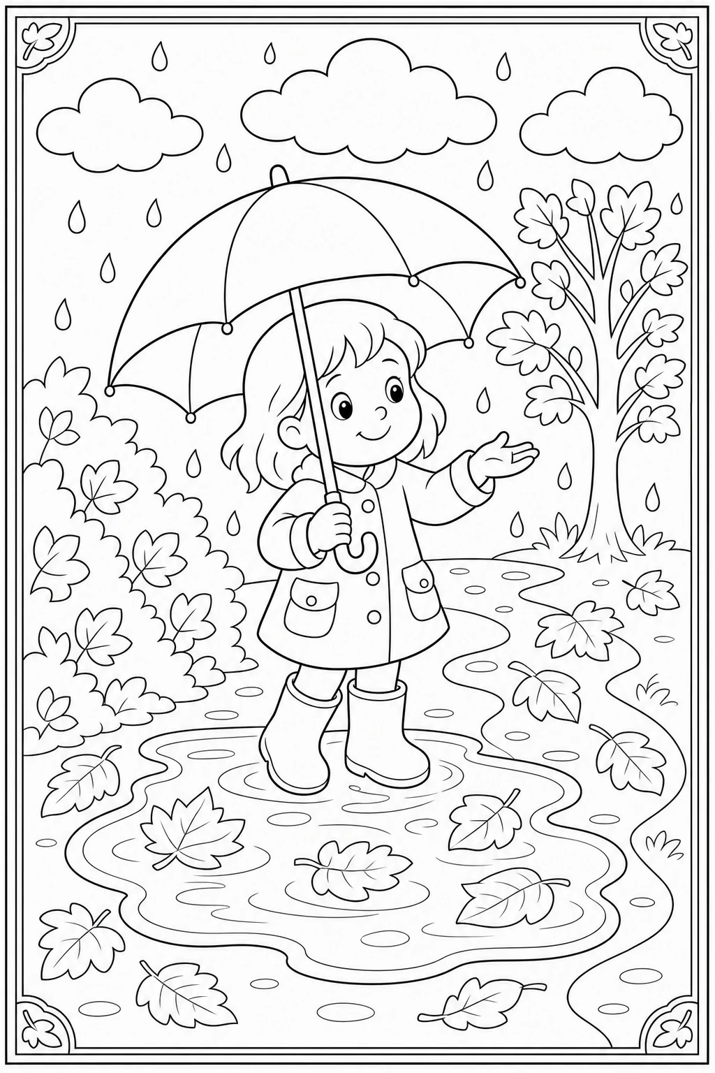 Coloriage parapluie sous la pluie d'automne à imprimer pour la maternelle
