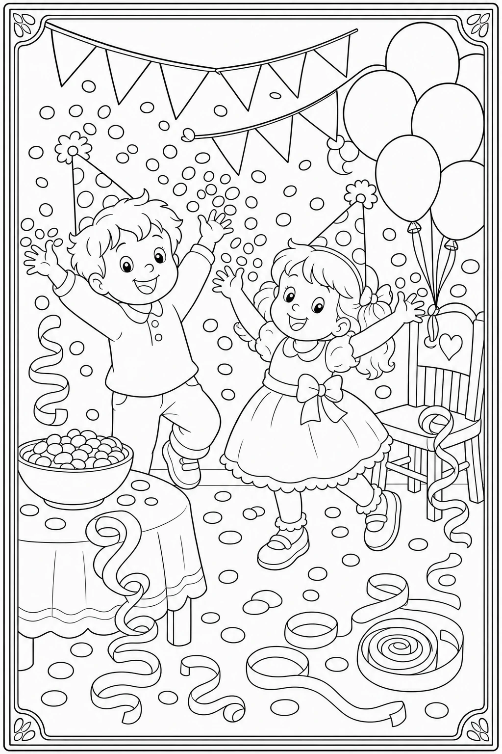 Coloriage enfants qui lancent des confettis et des serpentins à imprimer