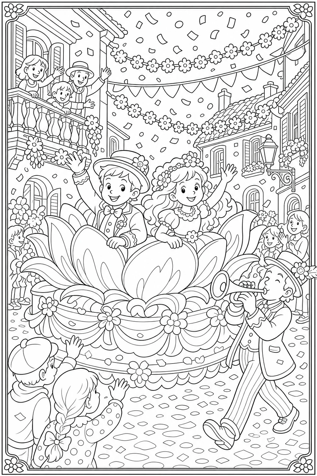 Coloriage char de carnaval dans le défilé à imprimer pour le CP