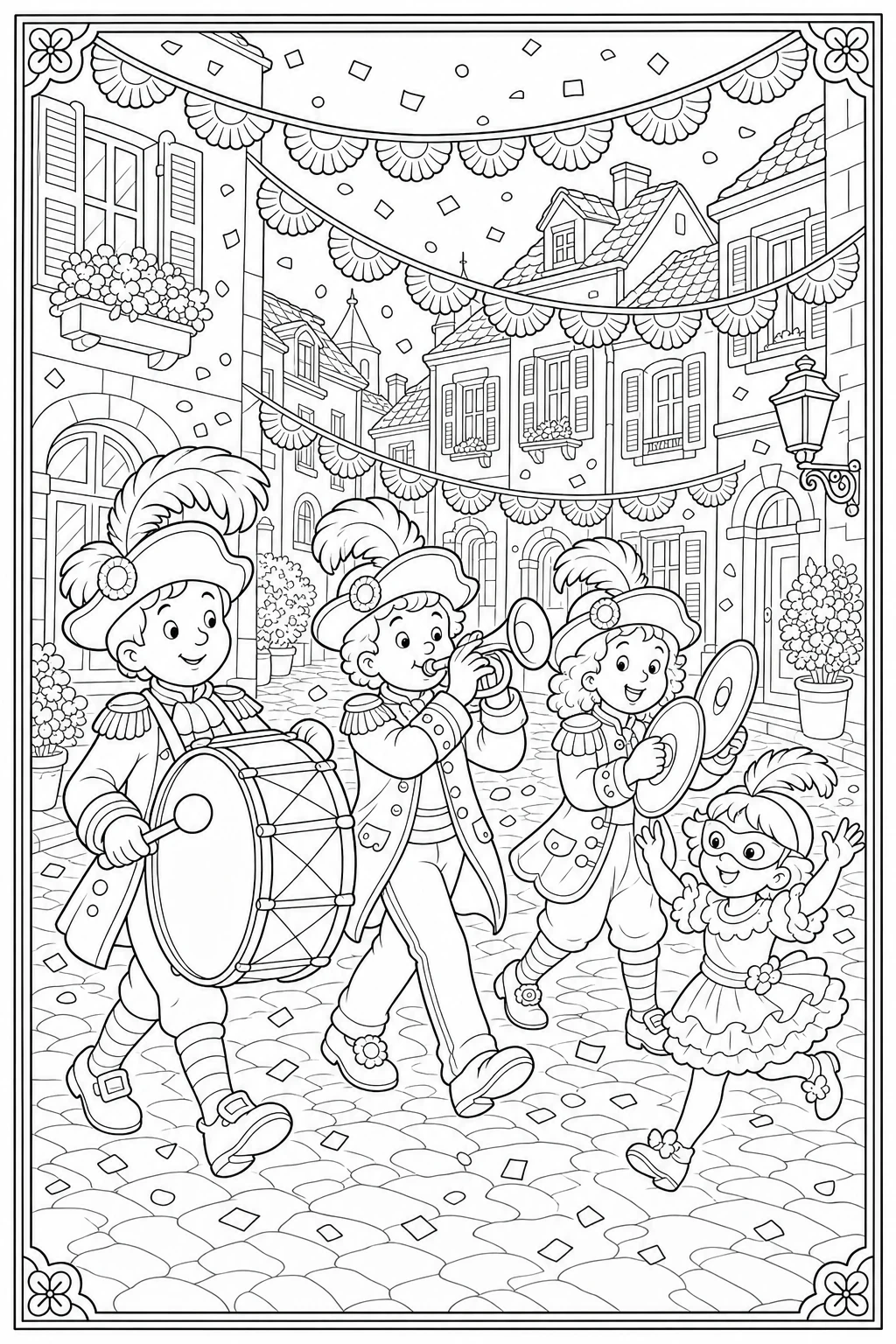 Coloriage fanfare de carnaval avec tambour et trompette à imprimer