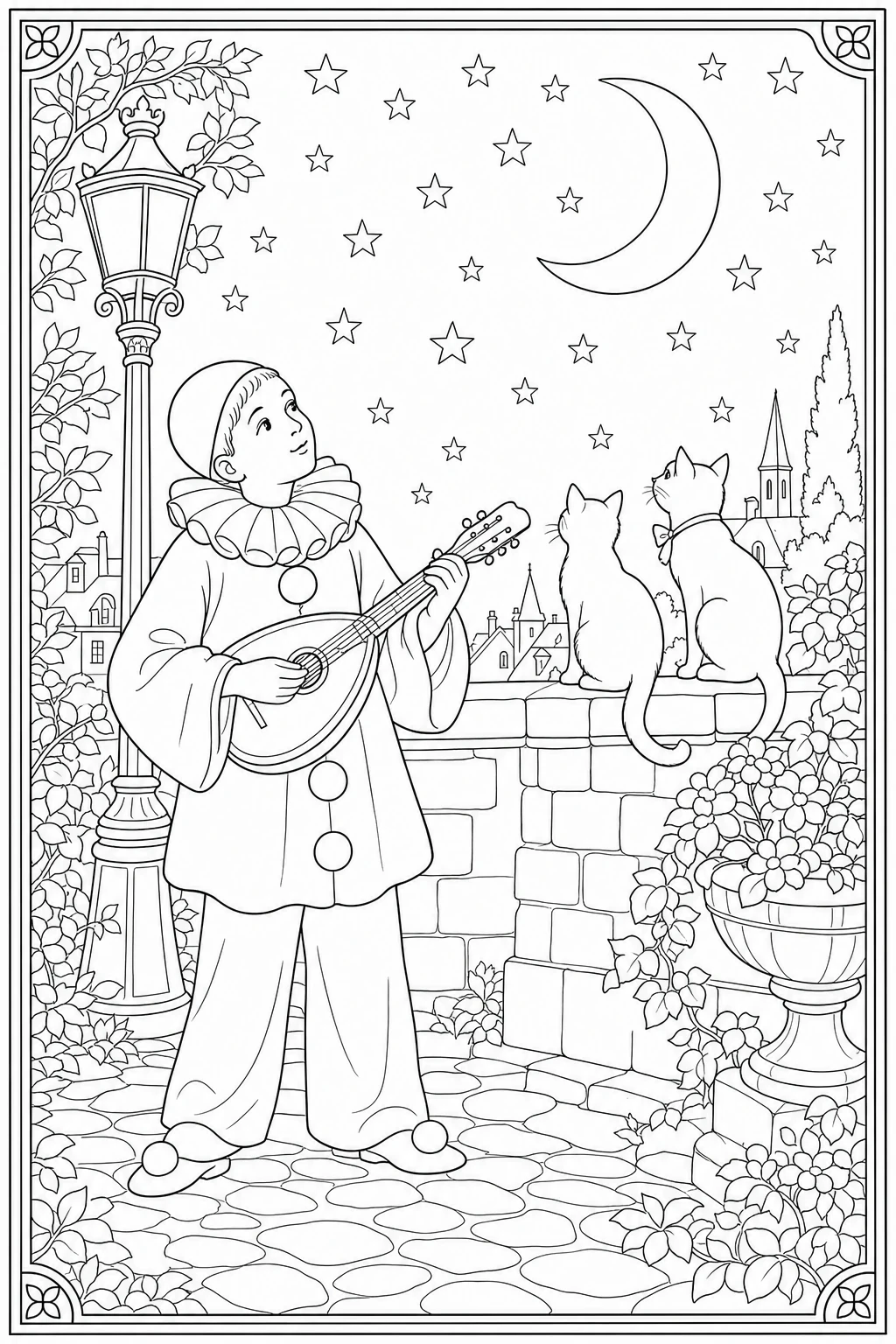 Coloriage Pierrot avec sa mandoline sous la lune à imprimer