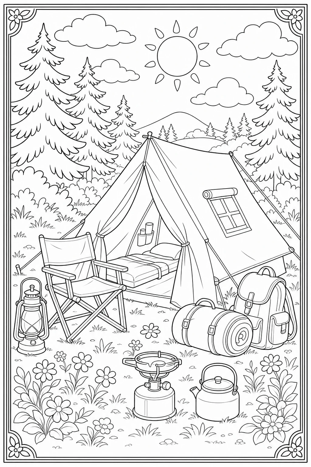 Coloriage tente de camping dans la prairie à imprimer pour le CE1