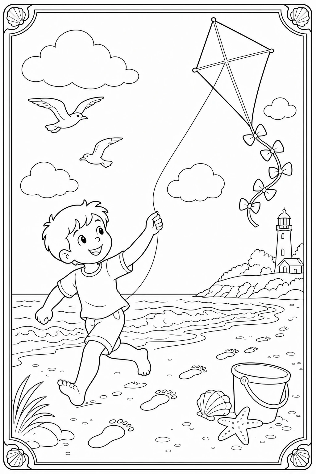 Coloriage enfant qui fait voler un cerf-volant sur la plage à imprimer