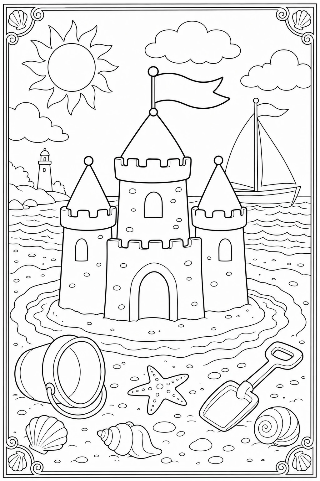 Coloriage château de sable sur la plage à imprimer pour la maternelle