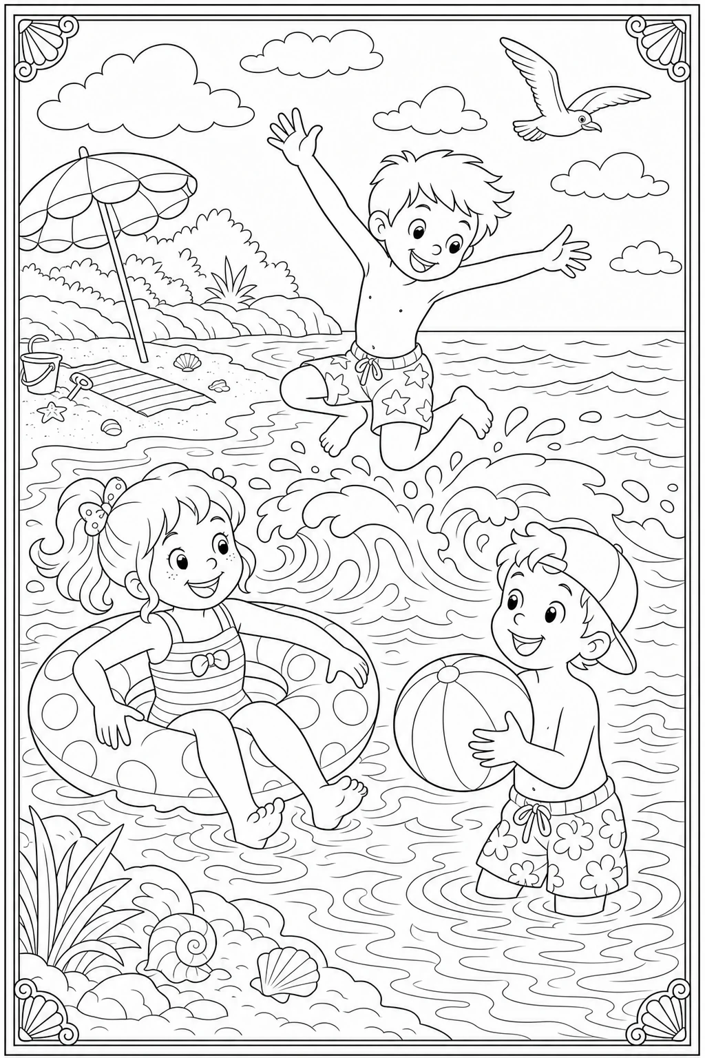 Coloriage enfants qui se baignent dans la mer à imprimer