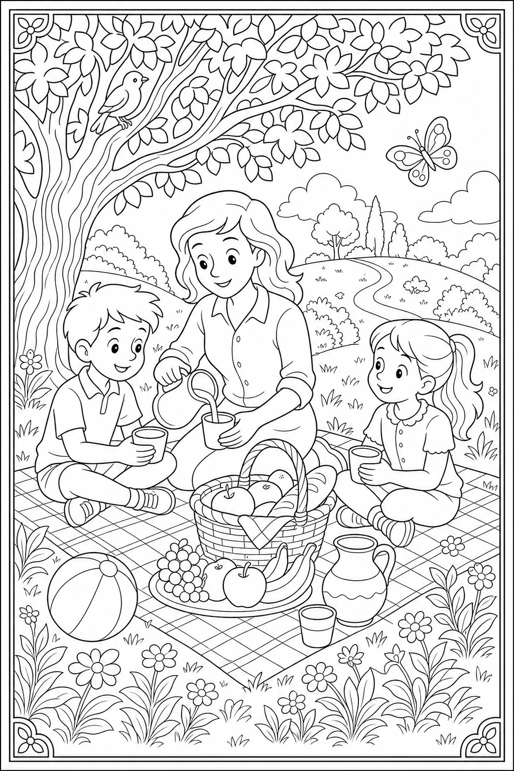 Coloriage pique-nique en famille sous l'arbre à imprimer