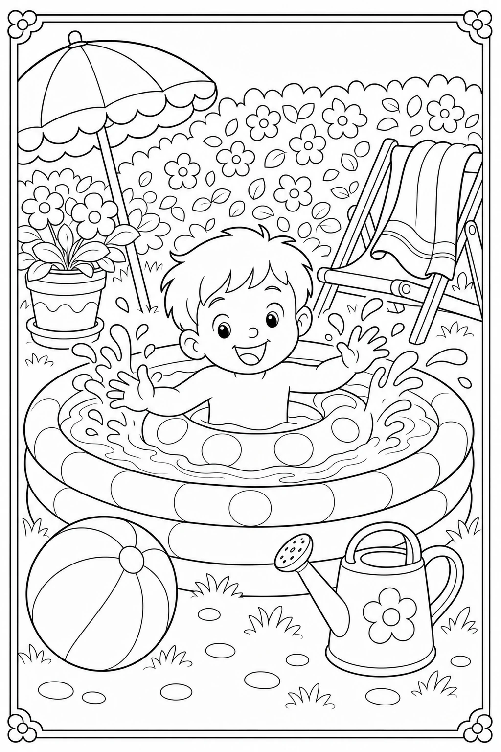 Coloriage enfant qui éclabousse dans la piscine gonflable du jardin à imprimer