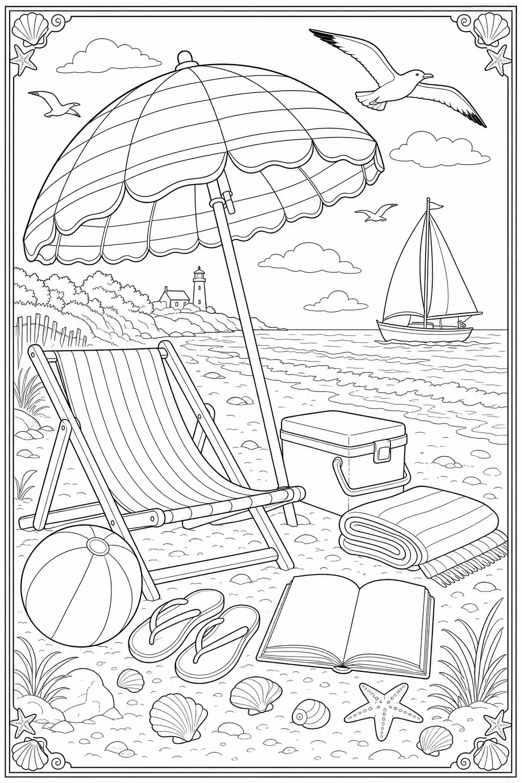 Coloriage plage avec parasol et transat à imprimer