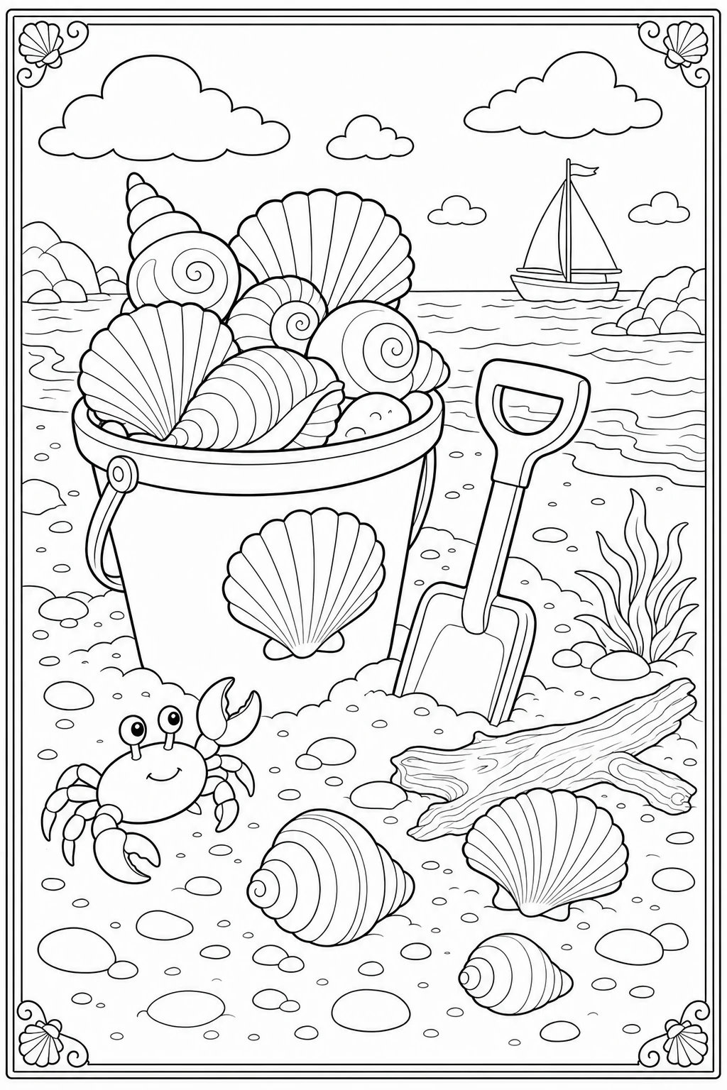 Coloriage seau rempli de coquillages sur le sable à imprimer