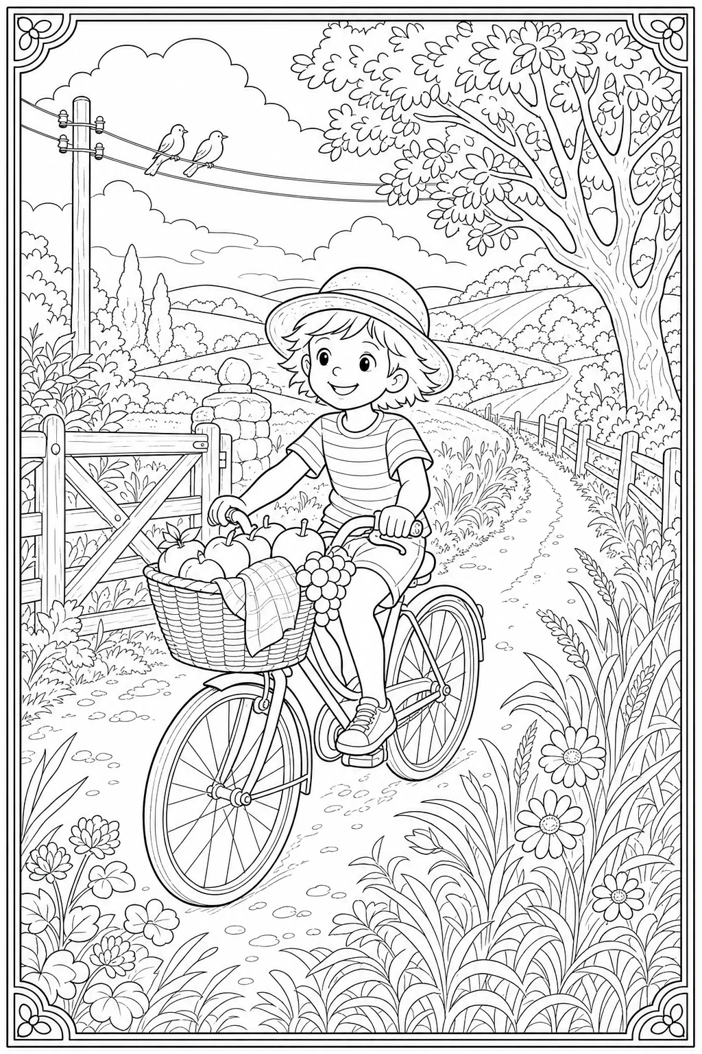 Coloriage enfant à vélo sur un chemin de campagne en été à imprimer