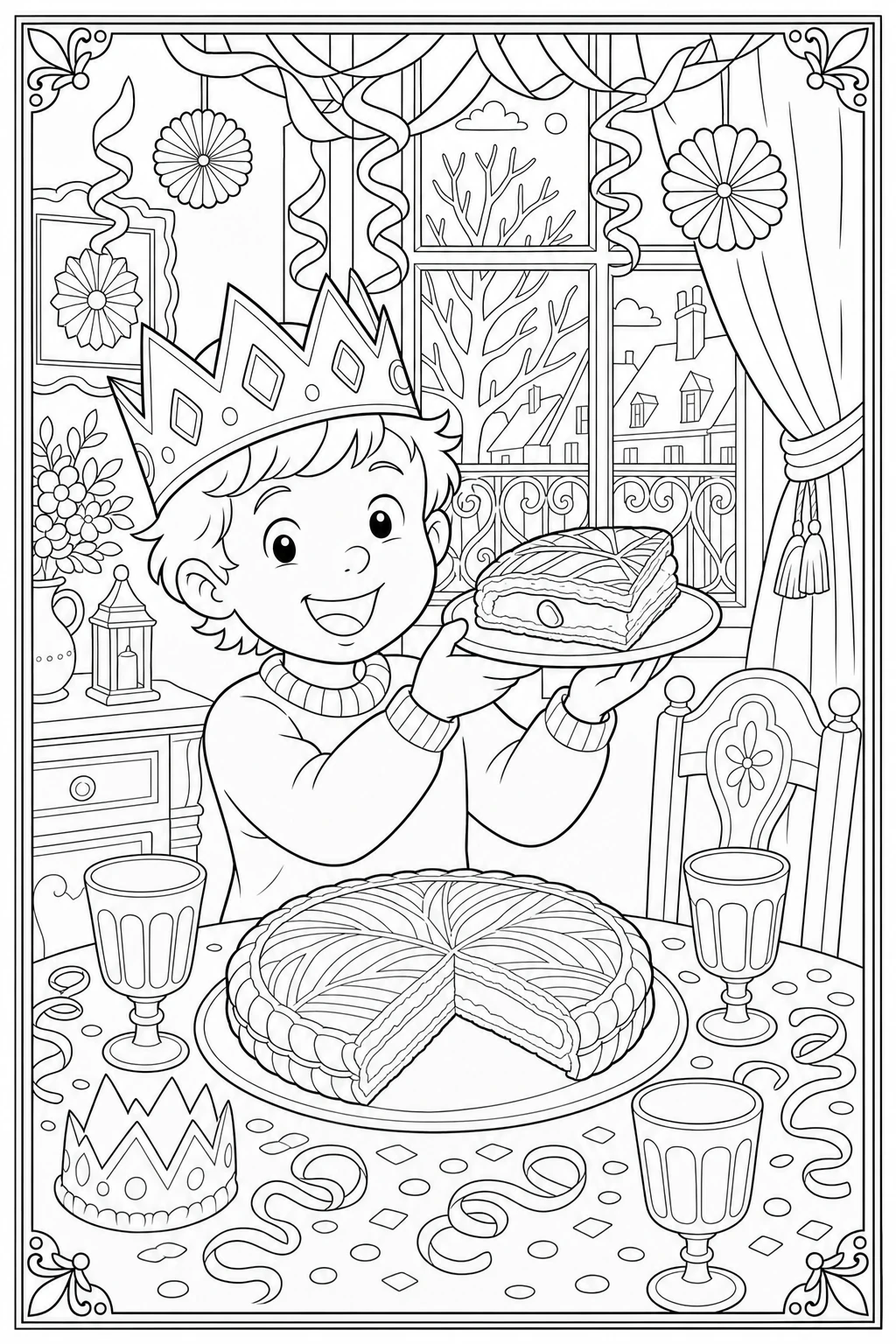 Coloriage enfant couronné qui a trouvé la fève à imprimer