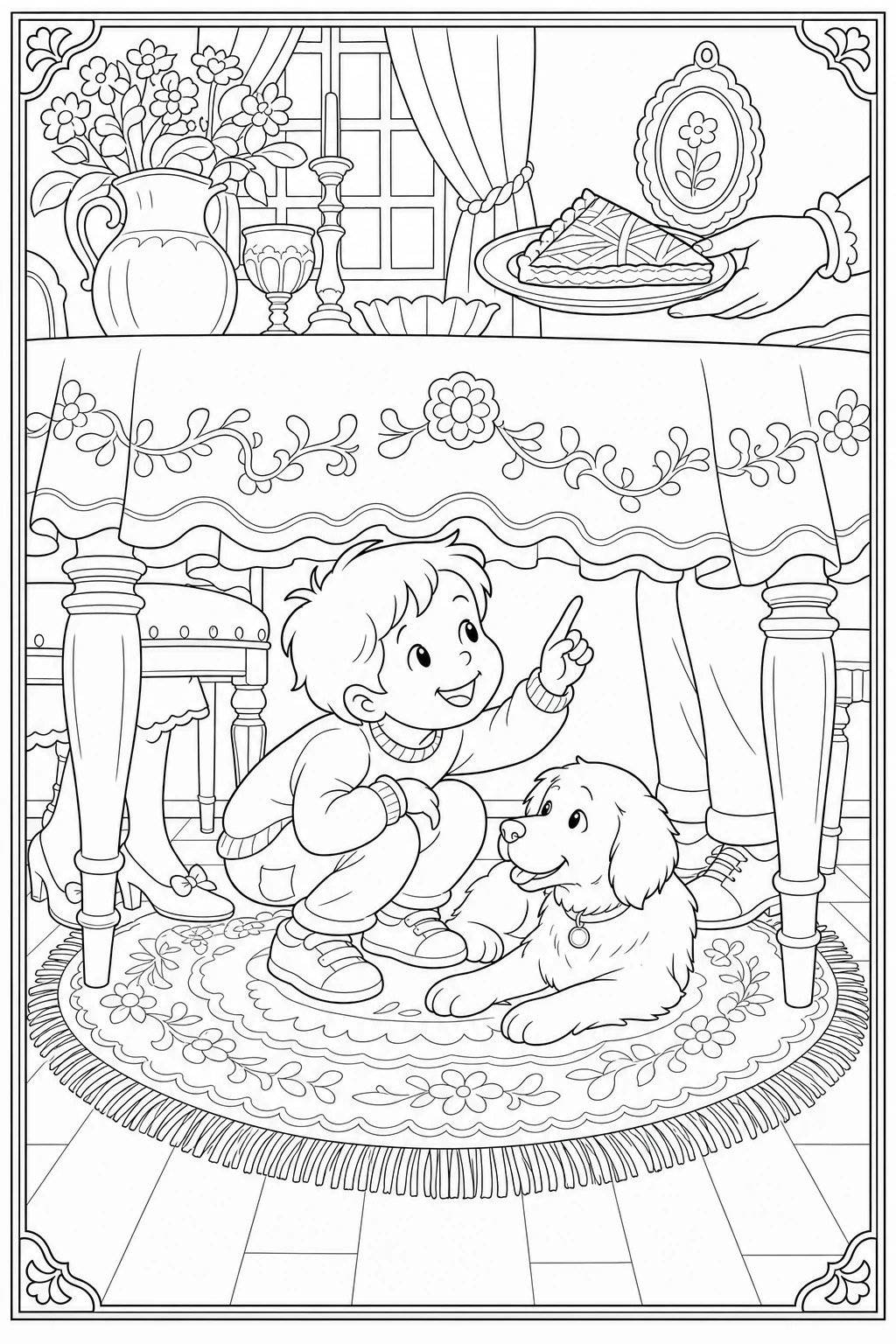 Coloriage enfant caché sous la table qui distribue les parts de galette