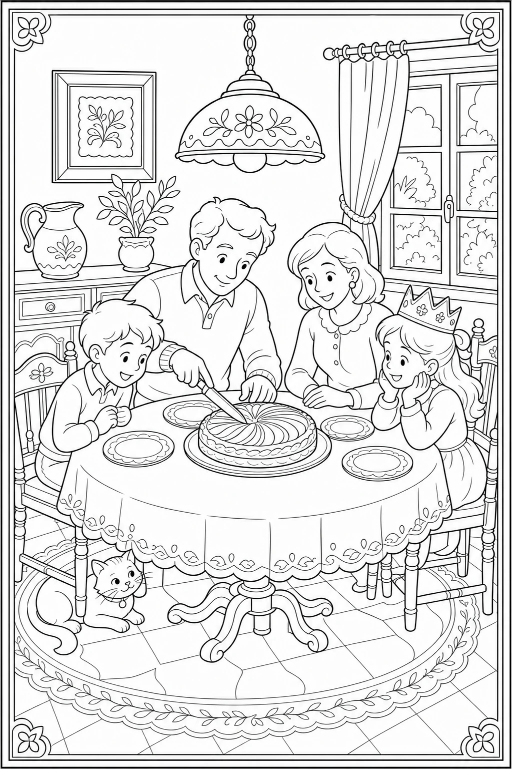 Coloriage famille qui partage la galette des rois à imprimer