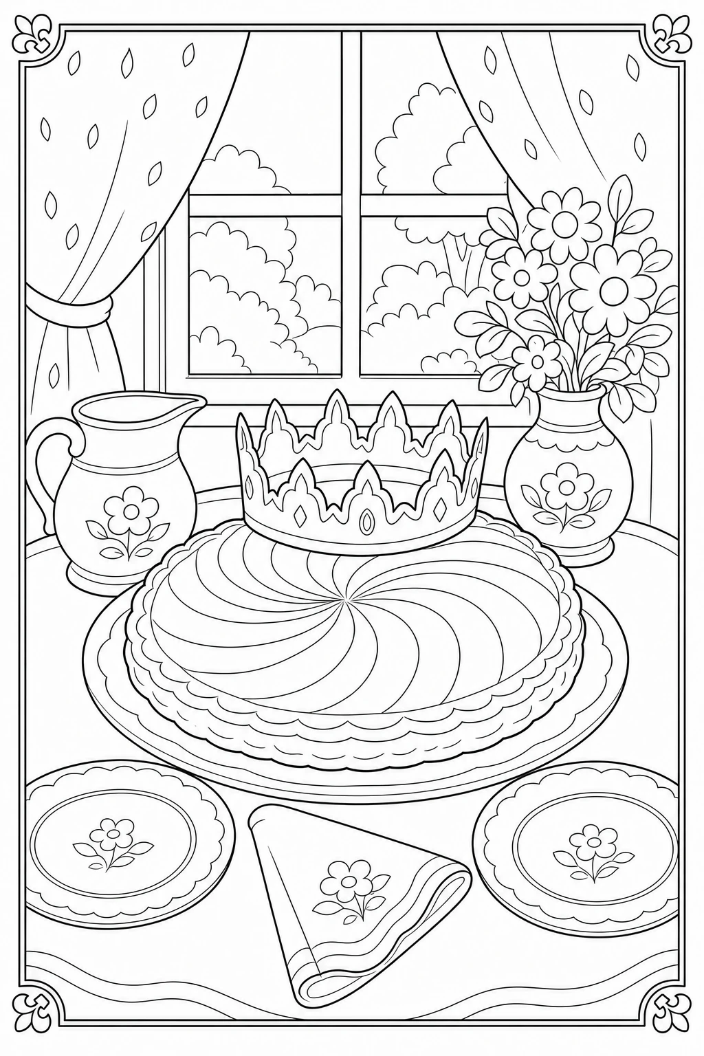 Coloriage galette des rois avec sa couronne sur la table à imprimer