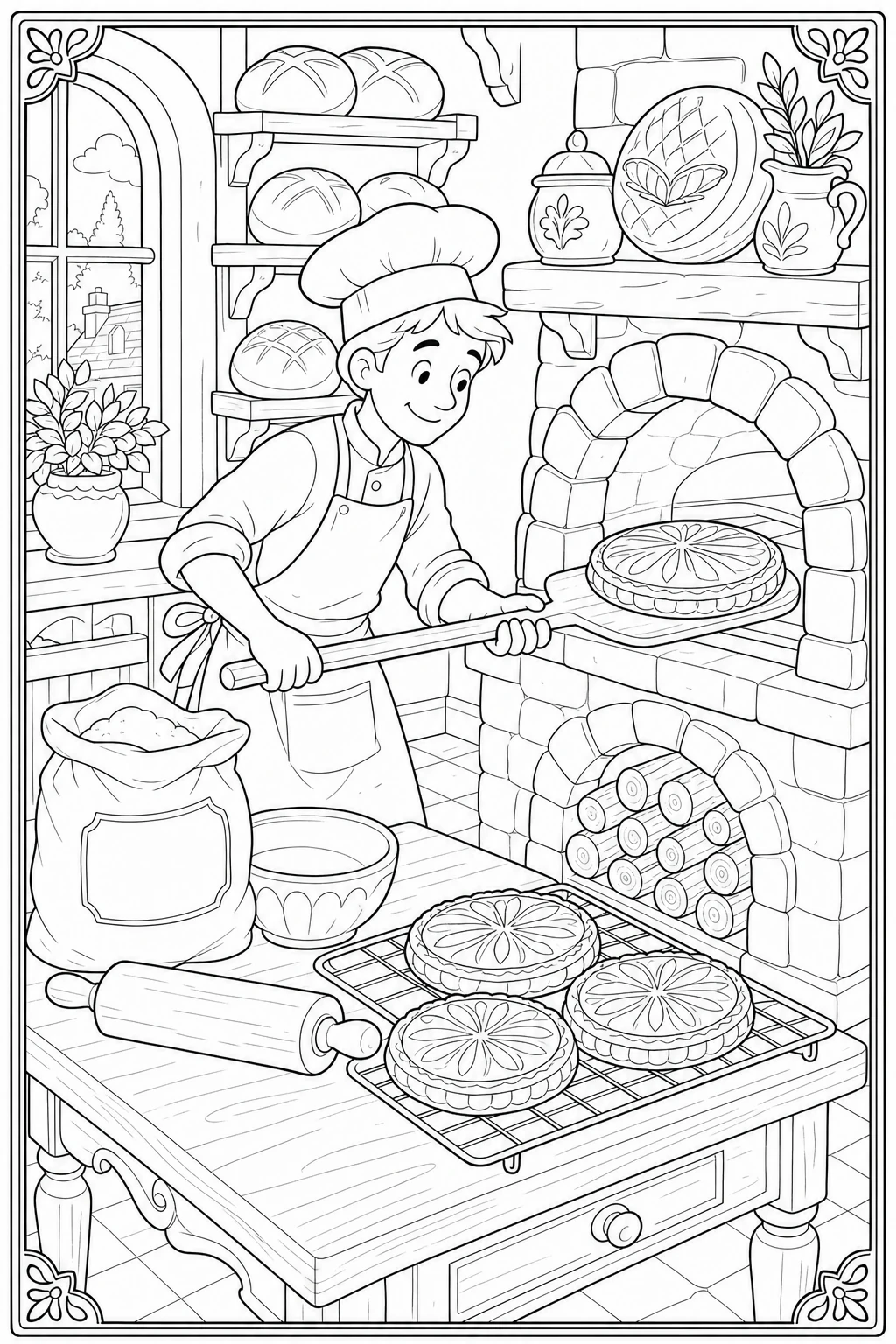 Coloriage pâtissier qui enfourne la galette des rois à imprimer