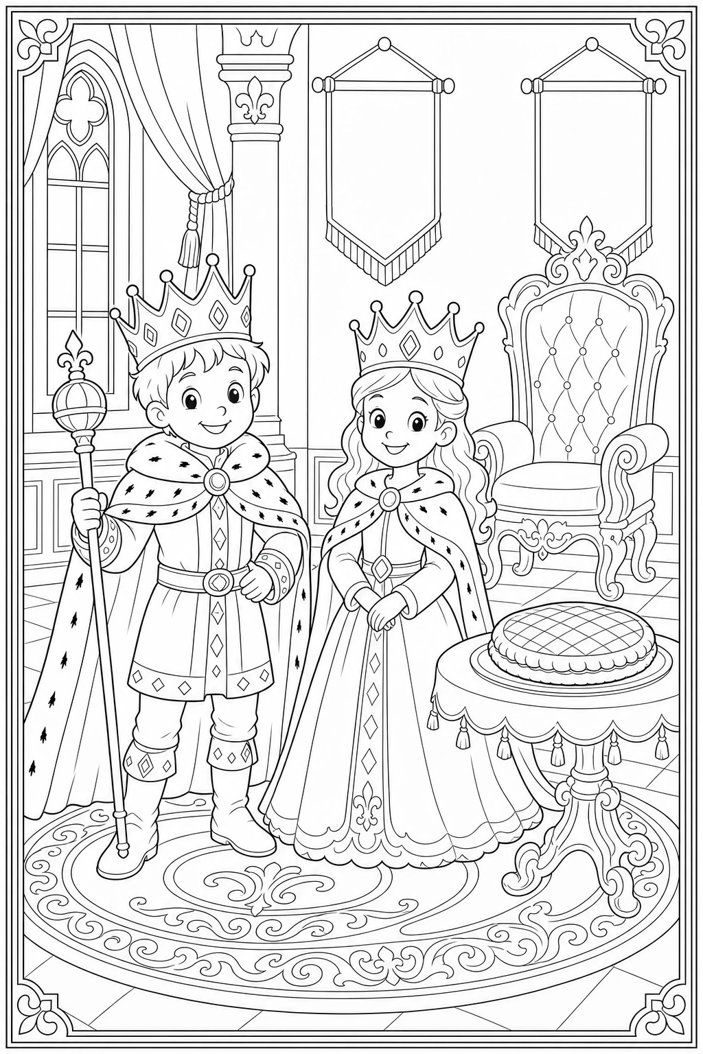 Coloriage enfants déguisés en roi et en reine avec leurs couronnes