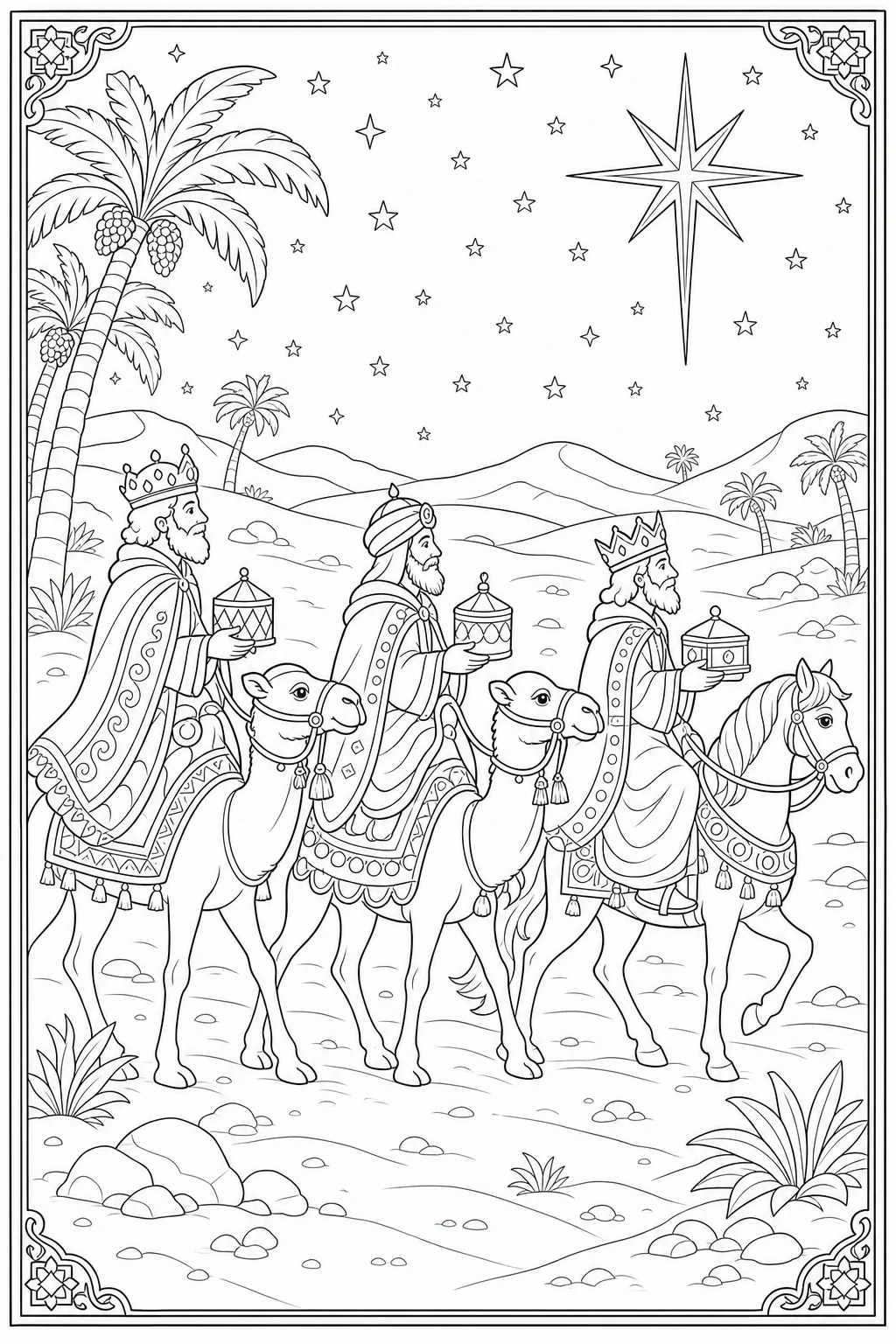 Coloriage les trois rois mages et l'étoile à imprimer pour le CE1