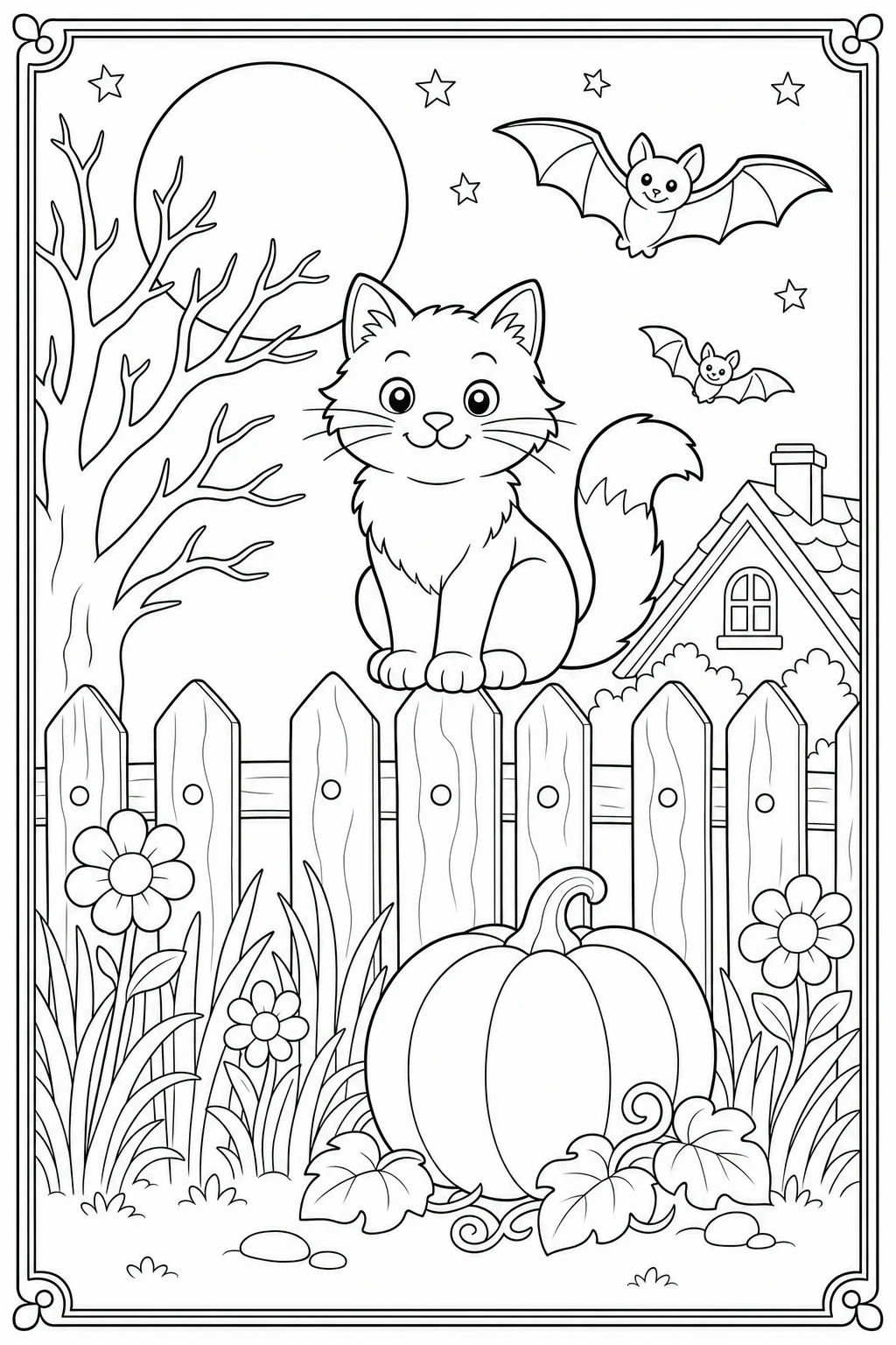 Coloriage chat assis sur une barrière devant la pleine lune d'Halloween à imprimer
