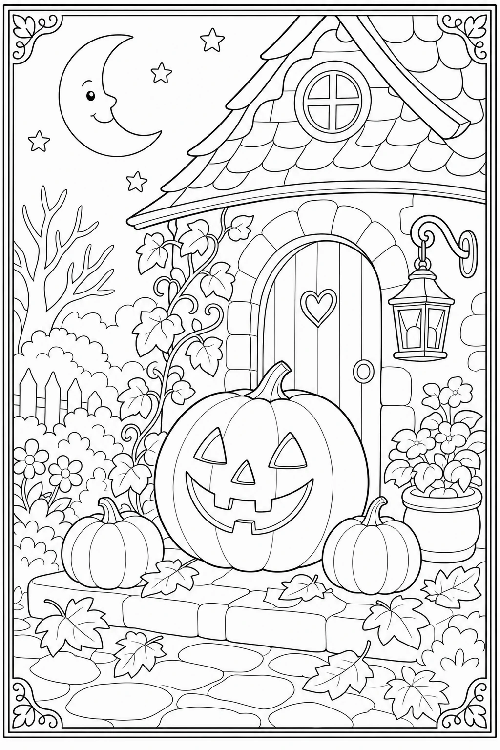 Coloriage citrouille d'Halloween sculptée devant la porte d'une maison à imprimer