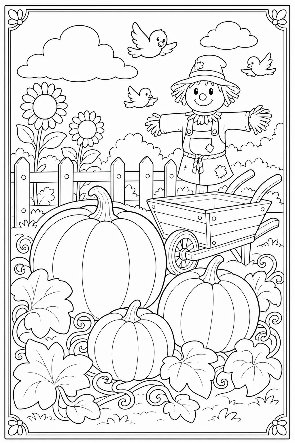 Coloriage de trois citrouilles dans le potager avec un épouvantail à imprimer