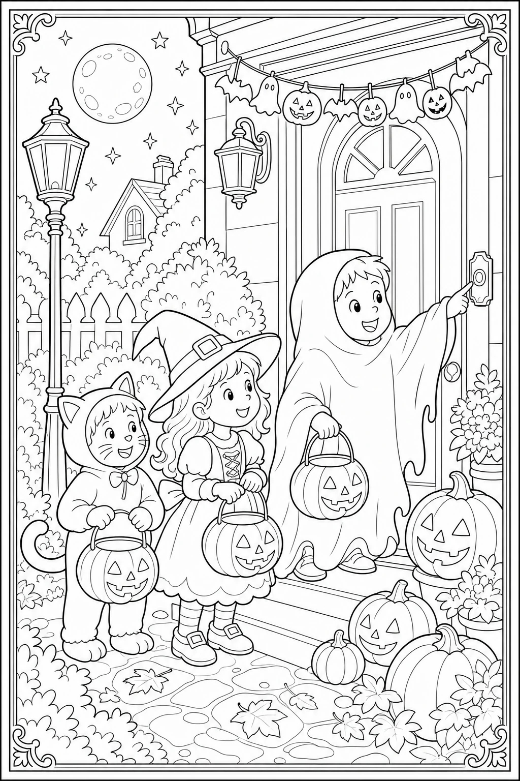 Coloriage d'enfants déguisés qui sonnent à la porte le soir d'Halloween à imprimer