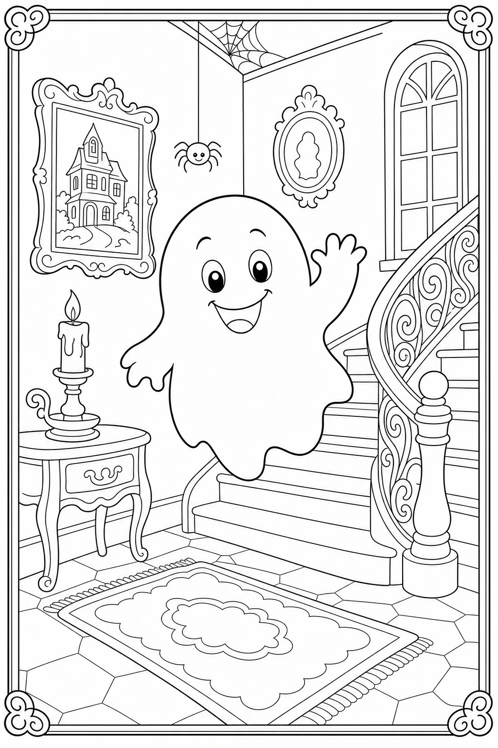 Coloriage fantôme rigolo qui fait coucou dans l'escalier d'une vieille maison à imprimer
