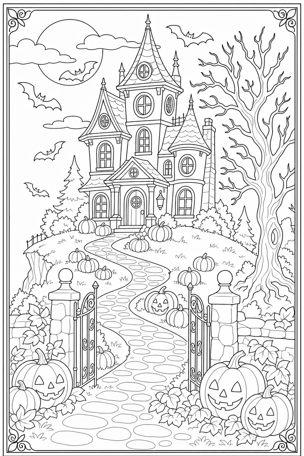 Coloriage maison hantée sur sa colline avec des citrouilles le long du chemin à imprimer