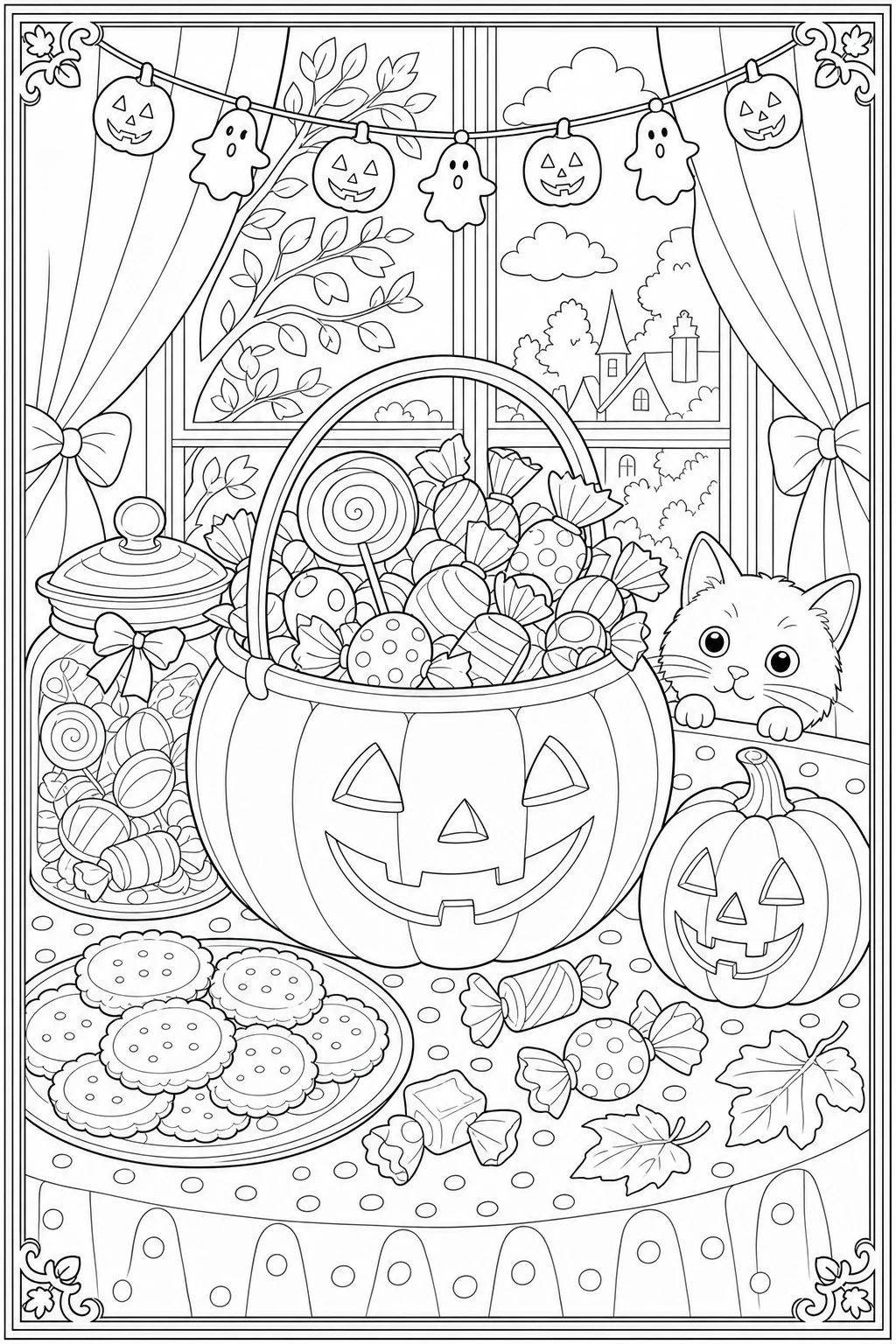 Coloriage d'un seau citrouille rempli de bonbons d'Halloween à imprimer