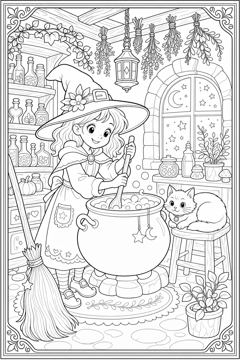 Coloriage sorcière souriante qui prépare une potion dans son chaudron à imprimer