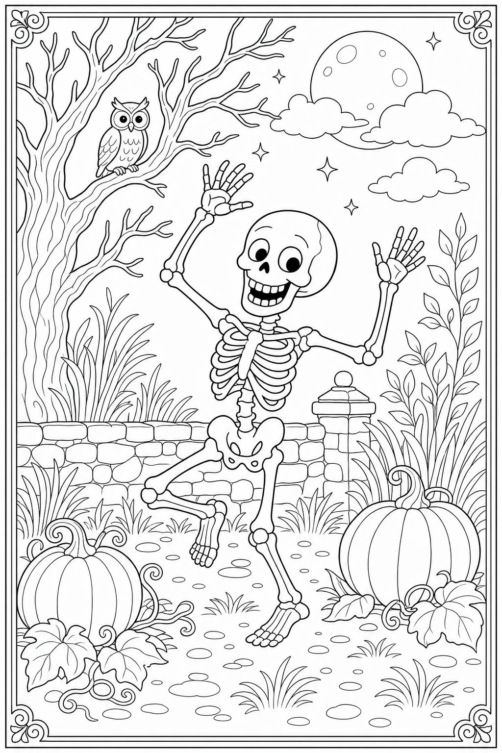 Coloriage squelette rigolo qui danse dans un jardin la nuit d'Halloween à imprimer