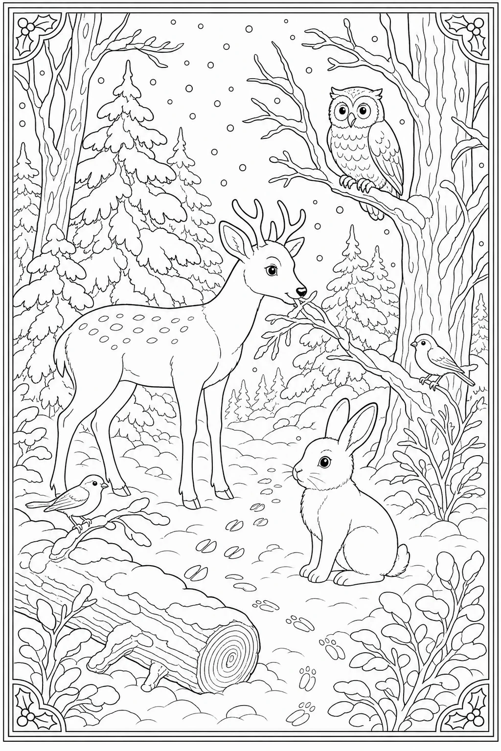 Coloriage animaux de la forêt enneigée, chevreuil et lièvre, à imprimer
