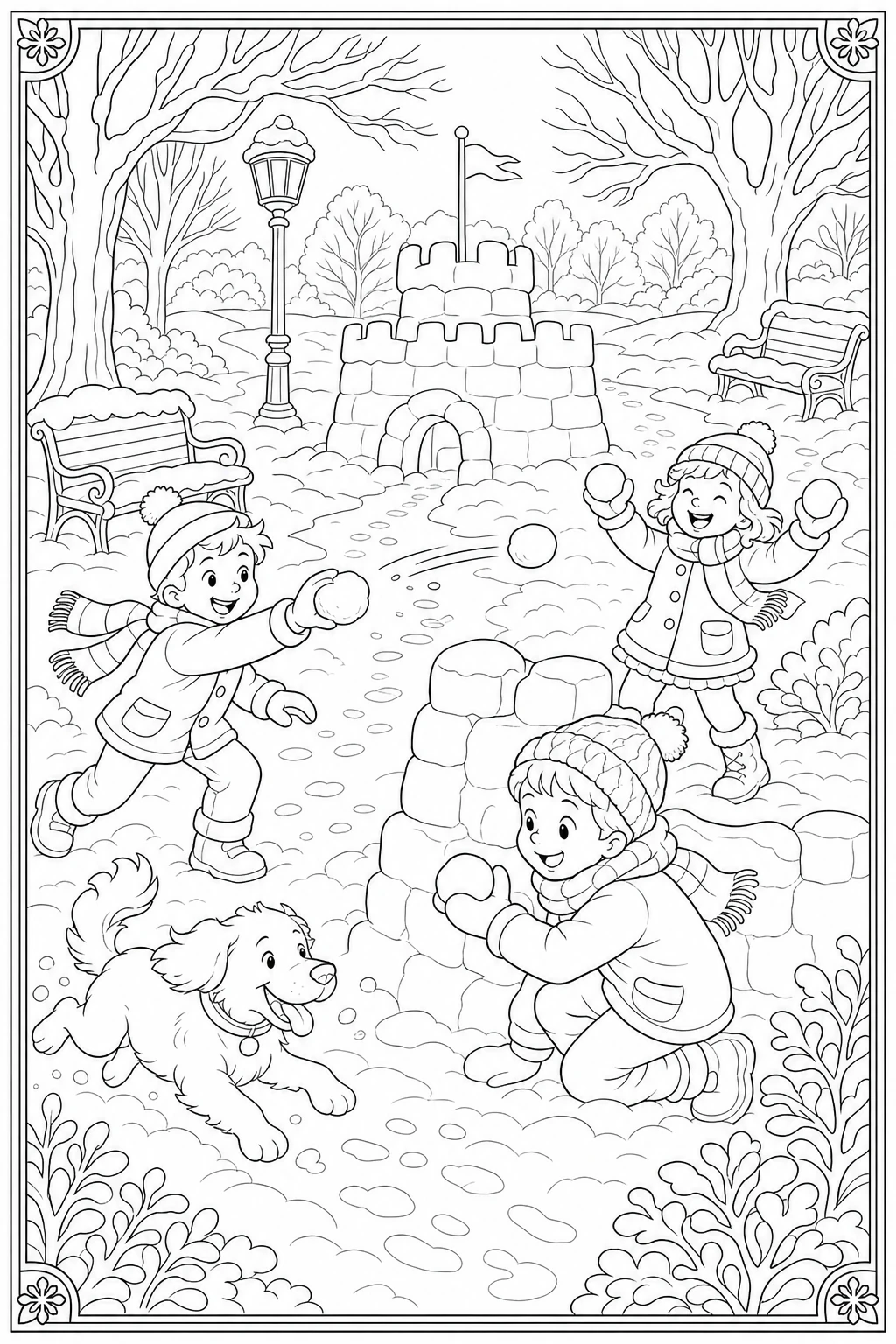 Coloriage bataille de boules de neige dans le parc à imprimer